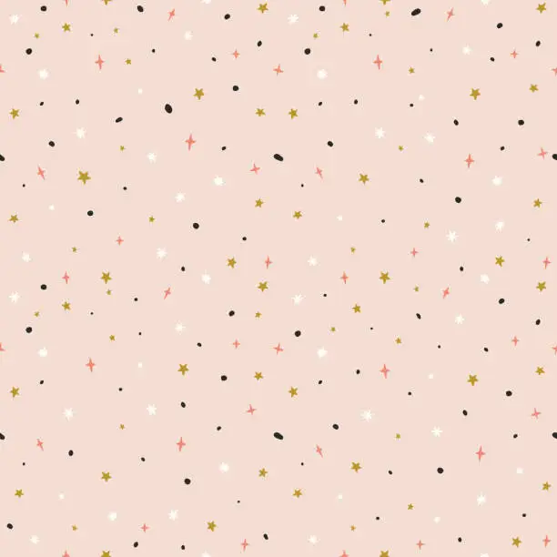 Vector illustration of Luxury golden rose color seamless pattern. Confetti stars background for wrapping paper, fabric, textile. Trendy hand drawn backdrop in rose, gold, black and white colors.