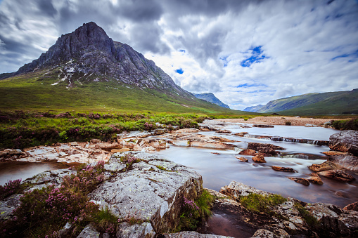 Mystic river mountain landscape scenery in Scotland. Glen Coe, Scottish Highlands