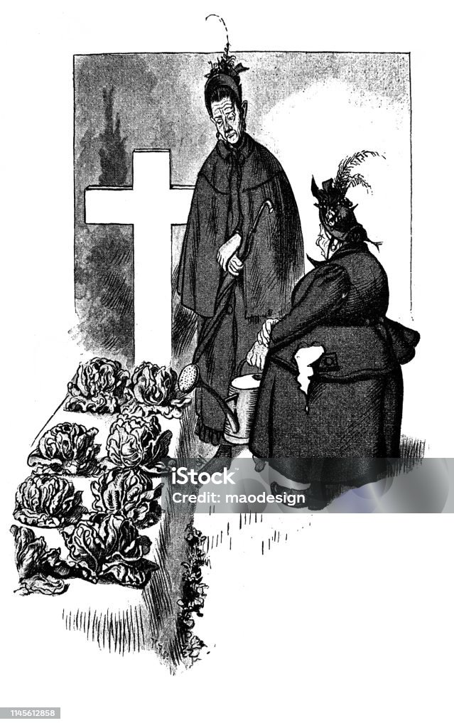 Women at the grave 1886 stock illustration