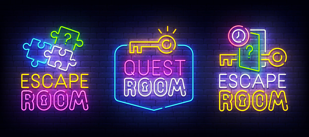 Quest Room neon logo. Escape Room label and emblem. Neon sign, isolated sticker, bright signboard, light banner. Vector illustration.