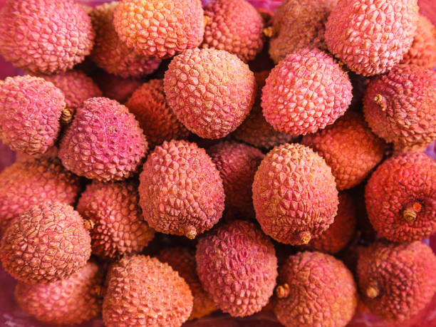red lychee a lot of ripe juicy red lychee close up pics of a spiky fruit stock pictures, royalty-free photos & images
