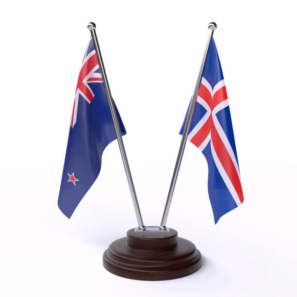 istock New Zealand and Iceland, two table flags on white background 1145621166