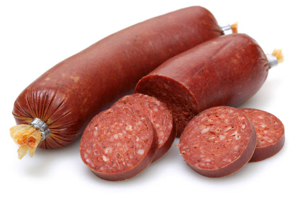 istock Sliced Turkish sausages isolated on white 1145621556