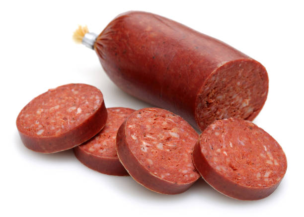 istock Sliced Turkish sausages isolated on white 1145621571