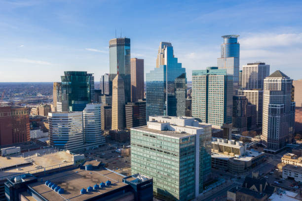Minneapolis From Above Minneapolis Skyline - Aerial View - April 2019 minneapolis stock pictures, royalty-free photos & images