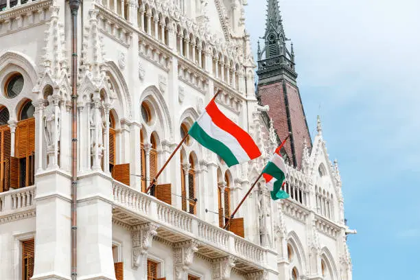 Photo of Hungarian flag at the parliament building in Budapest