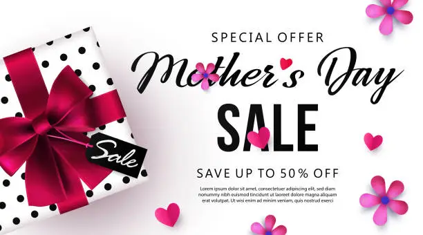 Vector illustration of Mother's Day sale banner or poster design with beautiful gift box, paper hearts and flowers.