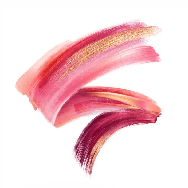 Photo of digital illustration, red pink gold paint, brush stroke isolated on white background, paint smear, cosmetics splash clip art, artistic design element