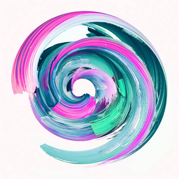 3d render, abstract round brush stroke, paint splash, colorful splatter circle, artistic vivid spiral smear, isolated on white background - spiral circle paint splashing imagens e fotografias de stock