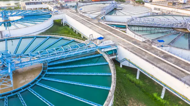 Aerial view recirculation solid contact clarifier sedimentation tank, Water treatment solution, Industrial water treatment