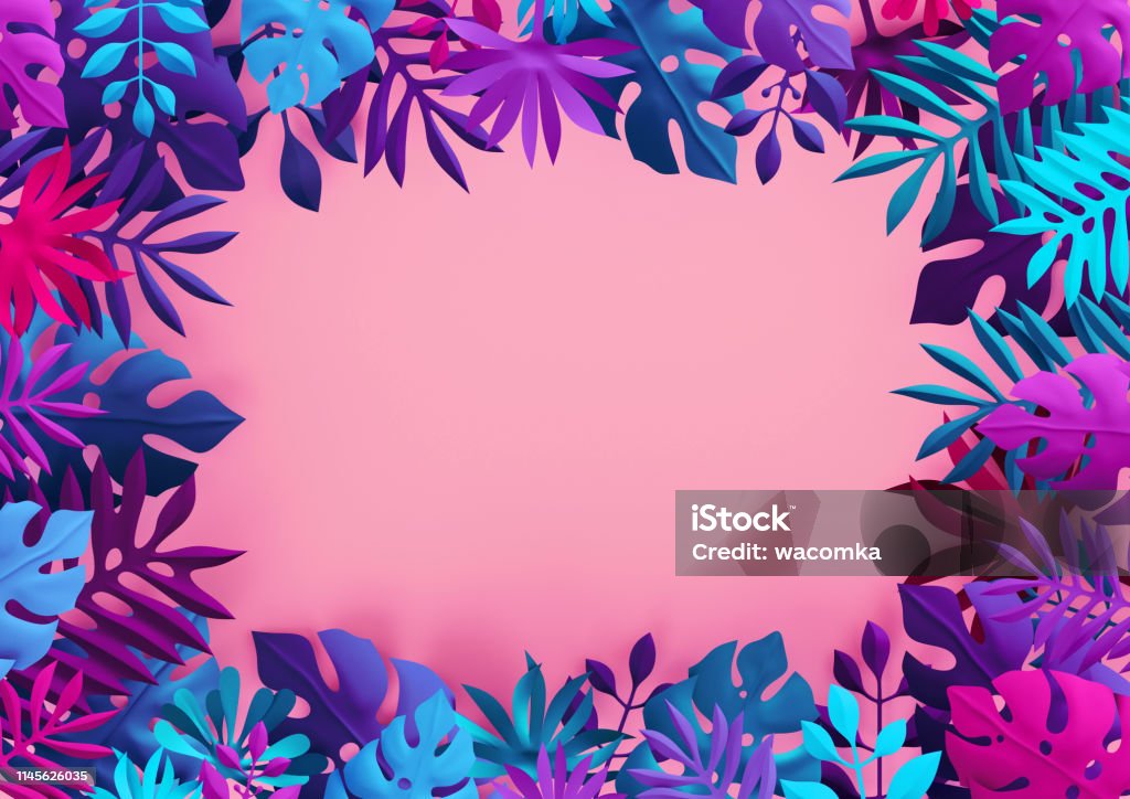 3d Render Neon Pink Blue Tropical Background Colorful Paper Leaves