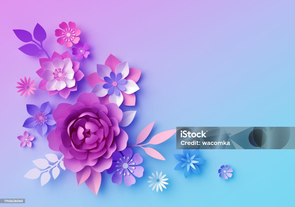 3d Render Botanical Neon Background Pink Blue Paper Flowers Pastel Color  Floral Wallpaper Isolated Corner Design Element Clip Art Greeting Card  Template Space For Text Stock Photo - Download Image Now - iStock
