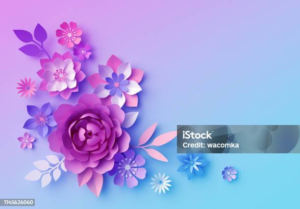3d Render Botanical Neon Background Pink Blue Paper Flowers Pastel Color Floral  Wallpaper Isolated Corner Design Element Clip Art Greeting Card Template  Space For Text Stock Photo - Download Image Now - iStock
