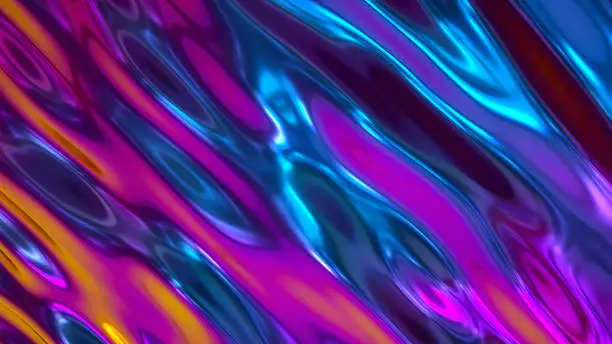 Photo of 3d render, abstract background, iridescent holographic foil, metallic texture, ultraviolet wavy wallpaper, fluid ripples, liquid metal surface, esoteric aura spectrum, bright hue colors