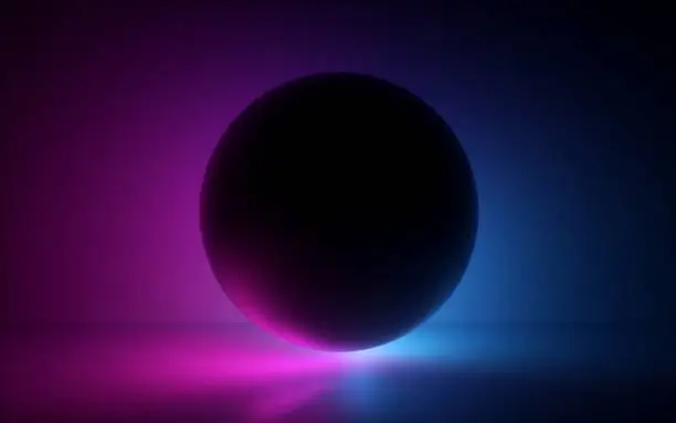 3d render, black ball in neon light, abstract background, blank sphere, globe model, laser show, esoteric energy, abstract background, ultraviolet spectrum