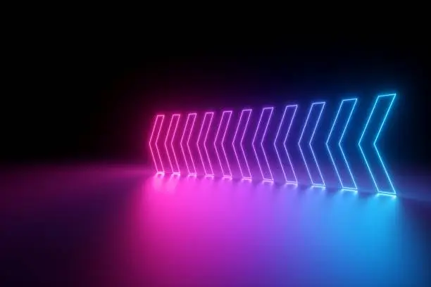 Photo of 3d render, glowing neon arrows, abstract background, left, direction concept