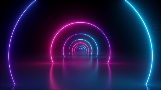 3d render, neon light abstract background, round portal, rings, circles, virtual reality, ultraviolet spectrum, laser show, fashion podium, stage, floor reflection