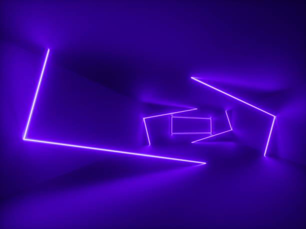 istock 3d render, ultraviolet light, abstract background, violet neon lines, geometric shapes, virtual space, 80's style, empty room, retro disco club, fashion laser show 1145626159