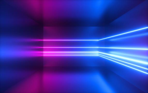 istock 3d render, pink blue neon lines, abstract background, empty room, geometric shapes, virtual space, ultraviolet light, 80's style, retro disco club, fashion laser show 1145626169
