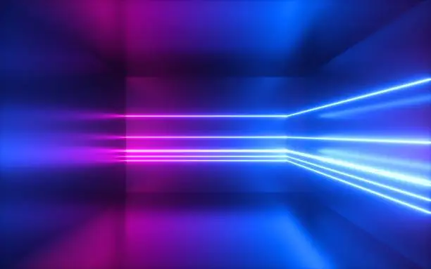 Photo of 3d render, pink blue neon lines, abstract background, empty room, geometric shapes, virtual space, ultraviolet light, 80's style, retro disco club, fashion laser show