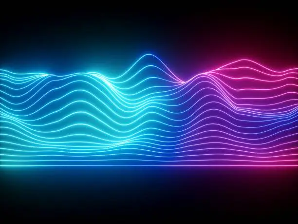 Photo of 3d render, pink blue wavy neon lines, electronic music virtual equalizer, sound wave visualization, ultraviolet light abstract background