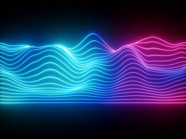 3d render, pink blue wavy neon lines, electronic music virtual equalizer, sound wave visualization, ultraviolet light abstract background - electromagnetic imagens e fotografias de stock