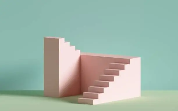 Photo of 3d render, pink stairs, steps, abstract background in pastel colors, fashion podium, minimal scene, architectural block, design element