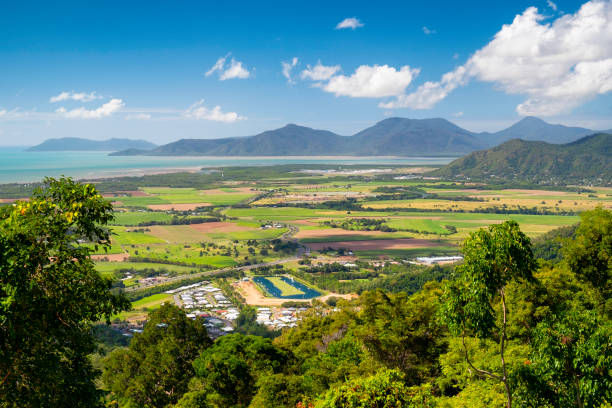 Queensland Landscape, Elevated View Looking down on the coastal plain to the north of Cairns Airport, Queensland. cairns australia photos stock pictures, royalty-free photos & images
