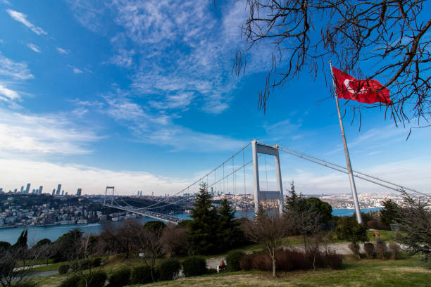 istock Fatih Sultan Mehmet Bridge and Turkish Flag 1145628371