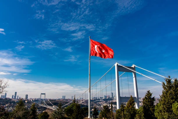 istock Fatih Sultan Mehmet Bridge and Turkish Flag 1145629186