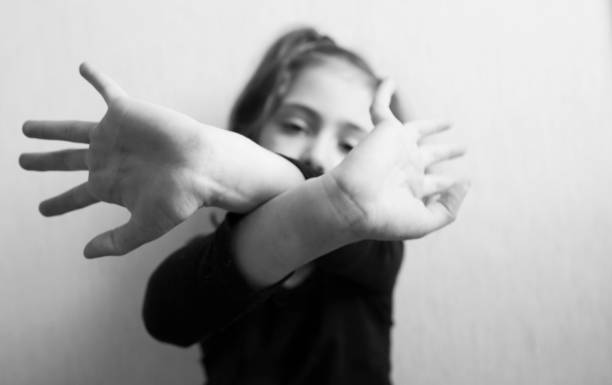 istock Little girl protects herself with her hand 1145629241