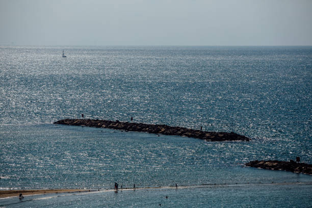 Tel Aviv cost line with tourist and swimming season. Many people on the beach summer and tourist season.