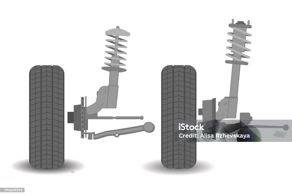 Suspension is the system of tires, tire air, springs, shock absorbers and linkages that connects a vehicle to its wheels and allows relative motion between the two Suspension - Vehicle Part stock vector