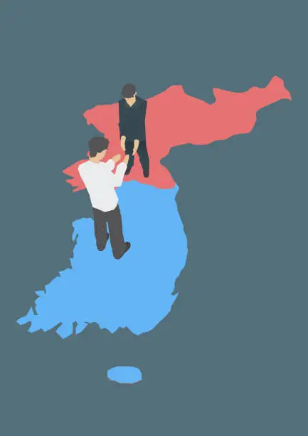 Vector illustration of Illustrate of People of North Korea and South Korea shakehand at territory line.