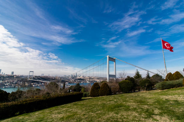 istock Fatih Sultan Mehmet Bridge and Turkish Flag 1145632699