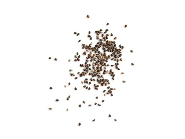 Chia seeds isolated on white background. Top view.