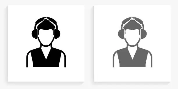 Vector illustration of Girl & Headphones Black and White Square Icon