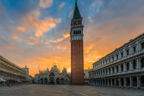 istock Fantastic sunset on San Marco square with Campanile and Saint Mark's Basilica. Colorful evening cityscape of Venice, Italy, Europe. Traveling concept background. Artistic style post processed photo. 1145635309
