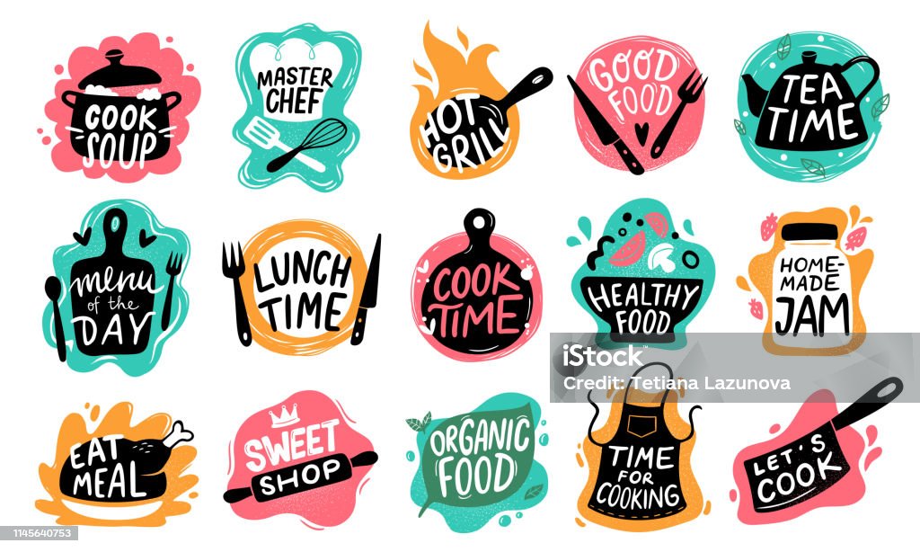 Cooking food lettering. Kitchen badge logos, baking foods typography and cook labels vector set Cooking food lettering. Kitchen badge logos, baking foods typography and cook labels. Chef gourmet food menu logotype, kitchens stamp or cooking quotation. Vector isolated icons set Food stock vector