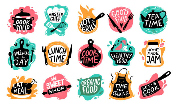 Cooking food lettering. Kitchen badge logos, baking foods typography and cook labels vector set Cooking food lettering. Kitchen badge logos, baking foods typography and cook labels. Chef gourmet food menu logotype, kitchens stamp or cooking quotation. Vector isolated icons set food icons stock illustrations