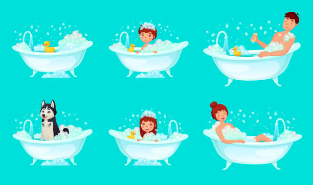 Foam bath. Bathroom tub bathing man, relaxing woman and kids. Dog wash cartoon vector illustration Foam bath. Bathroom tub bathing man, relaxing woman and kids. Dog wash, bath shower bubbles or bathroom relax time. Cartoon vector isolated illustration icons set girls bath stock illustrations