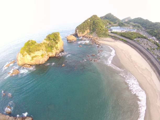 Kyushu Miyazaki Nichinan Ume seaside drone stock photo
