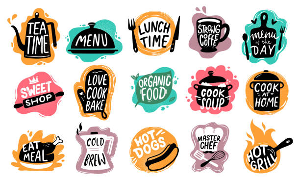 ilustrações, clipart, desenhos animados e ícones de letras de comida. doces da cozinha da padaria, emblema dos cães quentes e logotipo orgânico do alimento - kitchen utensil illustrations