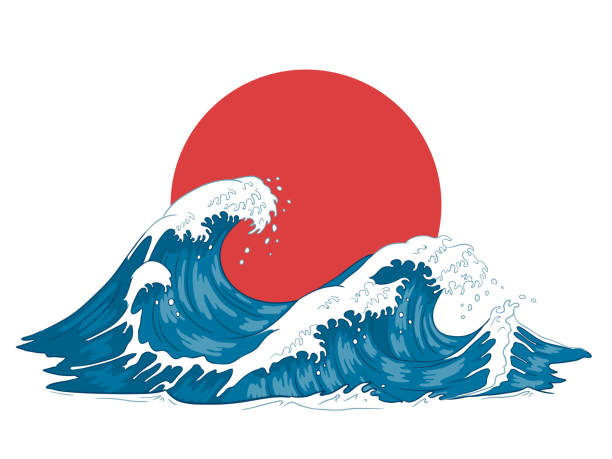 Japanese wave. Japanese big waves, raging ocean and vintage sea water vector illustration Japanese wave. Japanese big waves, raging ocean and vintage sea water. Japan ocean tsunami wave splash card, hokusai style marine storm splashing engraving vector illustration waving stock illustrations