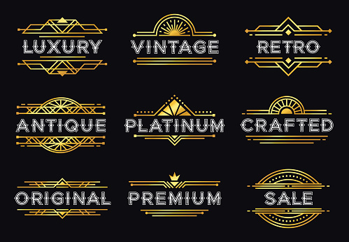 Art deco label. Retro luxury geometric ornaments, vintage ornament frame and hipster decorative lines labels. Elegant invitation or luxury gatsby deco badge. Isolated vector illustration icons set