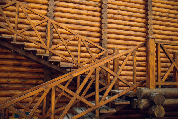 Heat Leak Infrared Detection  of beams in wooden wall. Traditional construction of timber house in thermography scan.
