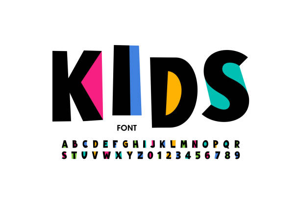 Kids style font Kids style font design, playful alphabet letters and numbers vector illustration playful font stock illustrations