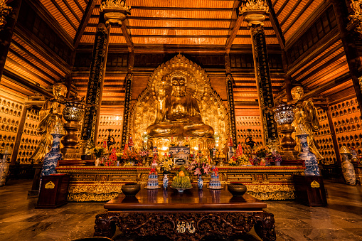An ornate Buddhist temple.  Vietnam, Asia.  Publicly accessible Buddhist temple, Bain Din Pagoda