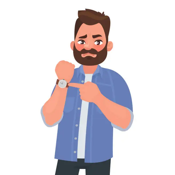 Vector illustration of Dissatisfied man shows on the clock. Hurry up. Deadline. Impatient boss. Vector illustration