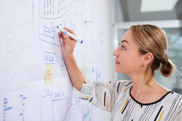 istock Marketing manager drawing scheme on whiteboard 1145647377